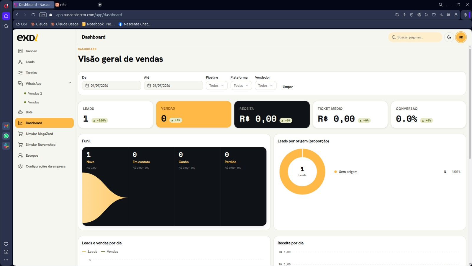 Tela do módulo de atendimento do nascente